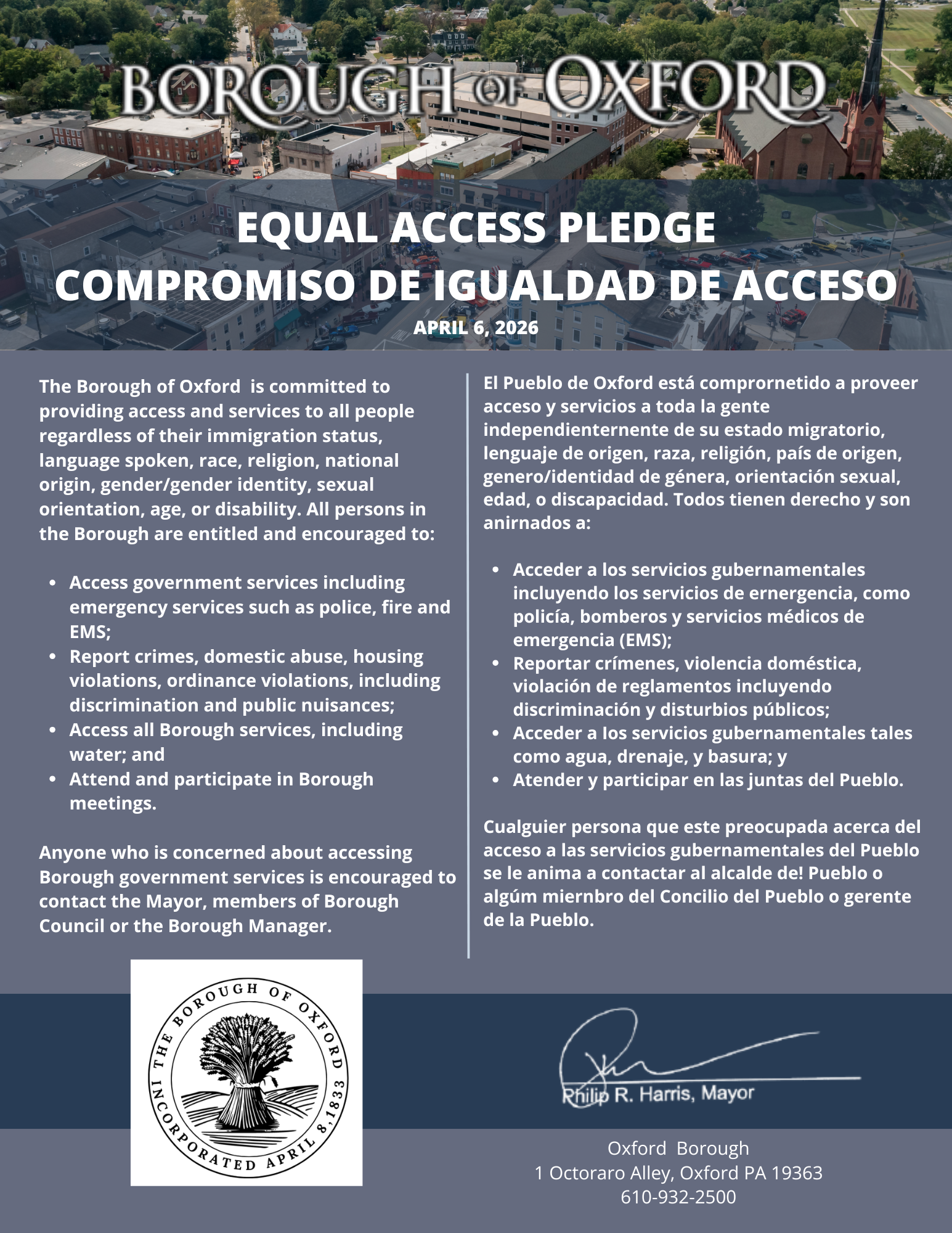 Blue gray poster with picture overlooking a town.